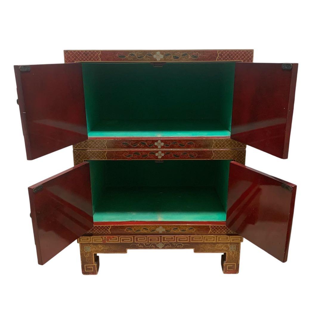 赤色の花と鳥の装飾タンス 希少 中国 チェスト 箪笥 花鳥 骨董