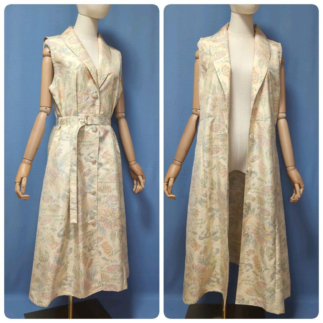 着物リメイク 大島紬 ショールカラーロングジレ ワンピース L〜XXL