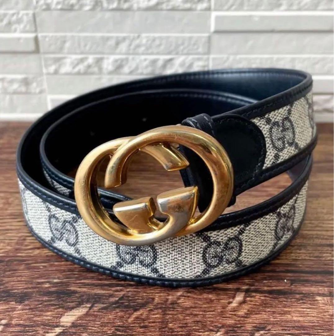 グッチ GG スプリーム インターロッキング PV C× レザー ベルト リバーシブル レザー ベルト（インターロッキングG バックル