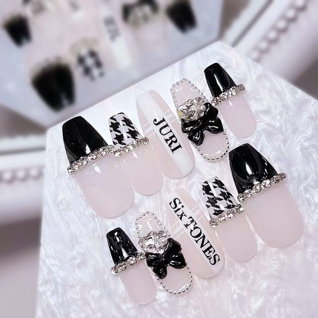 ネイルチップ ネイルパーツ スナ系 黒ネイル 現品 千鳥柄 オタクネイル