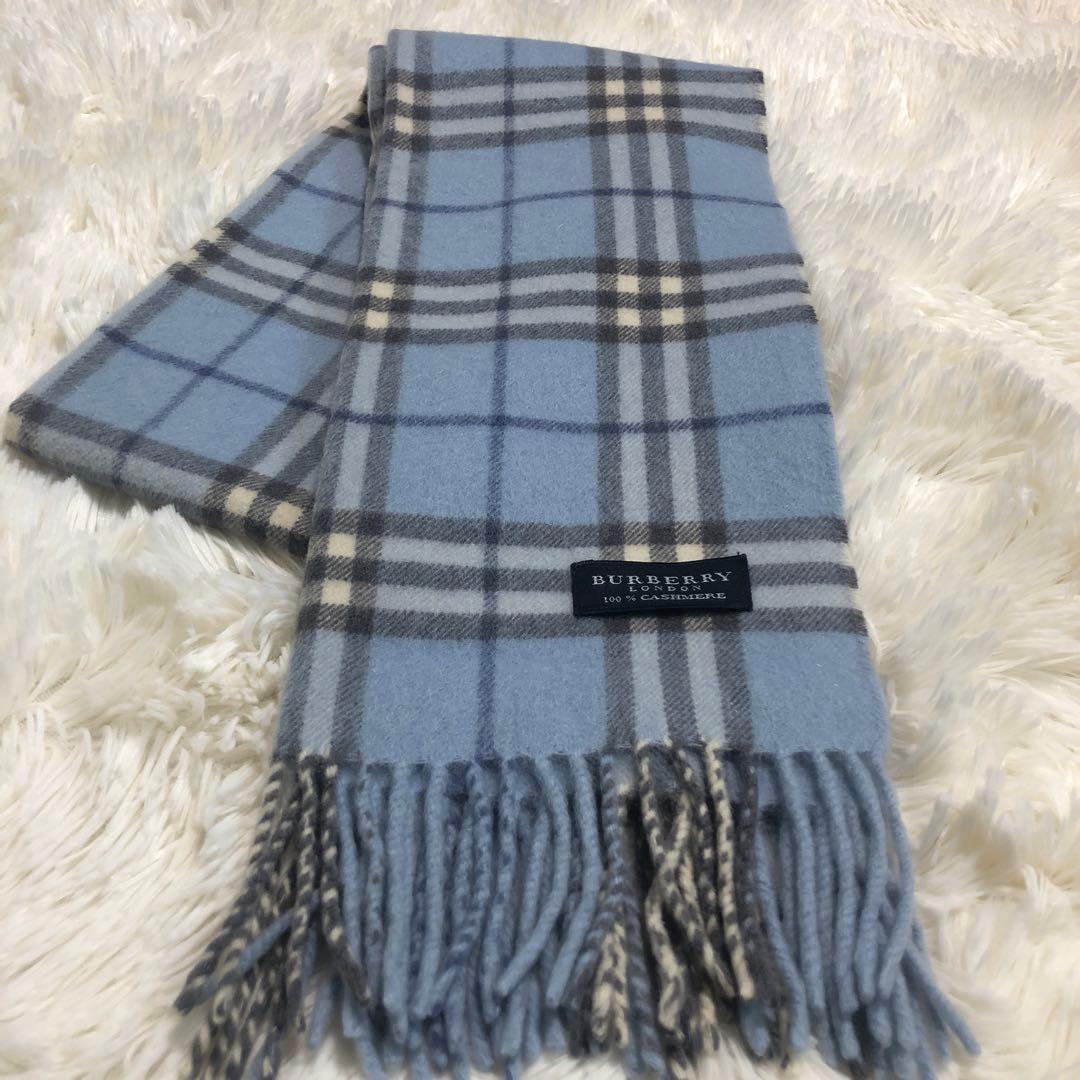 美品♡BURBERRY LONDON カシミヤ100% 水色 バーバリーマフラー - メルカリ