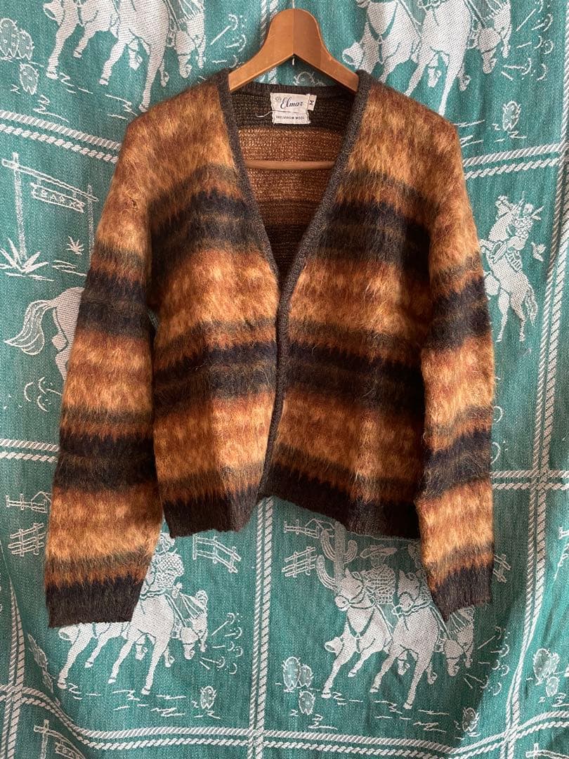 60s シャギーウールカーディガン　ヴィンテージ　M ボーダー ボーダーシャギーカーディガン