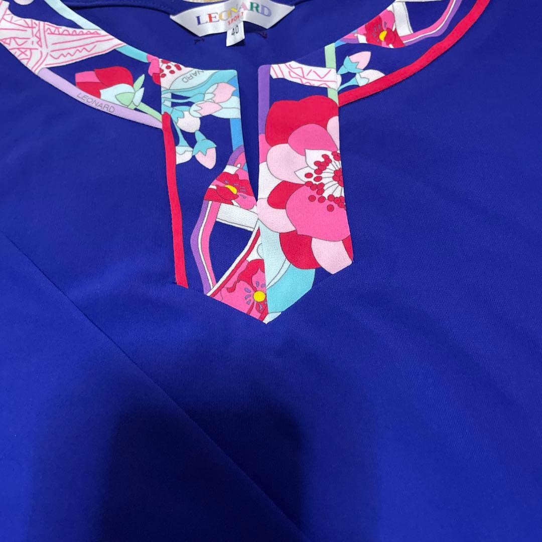 美品 LEONARD 花柄 フラワー 七分袖 トップス ブルー系 チュニック