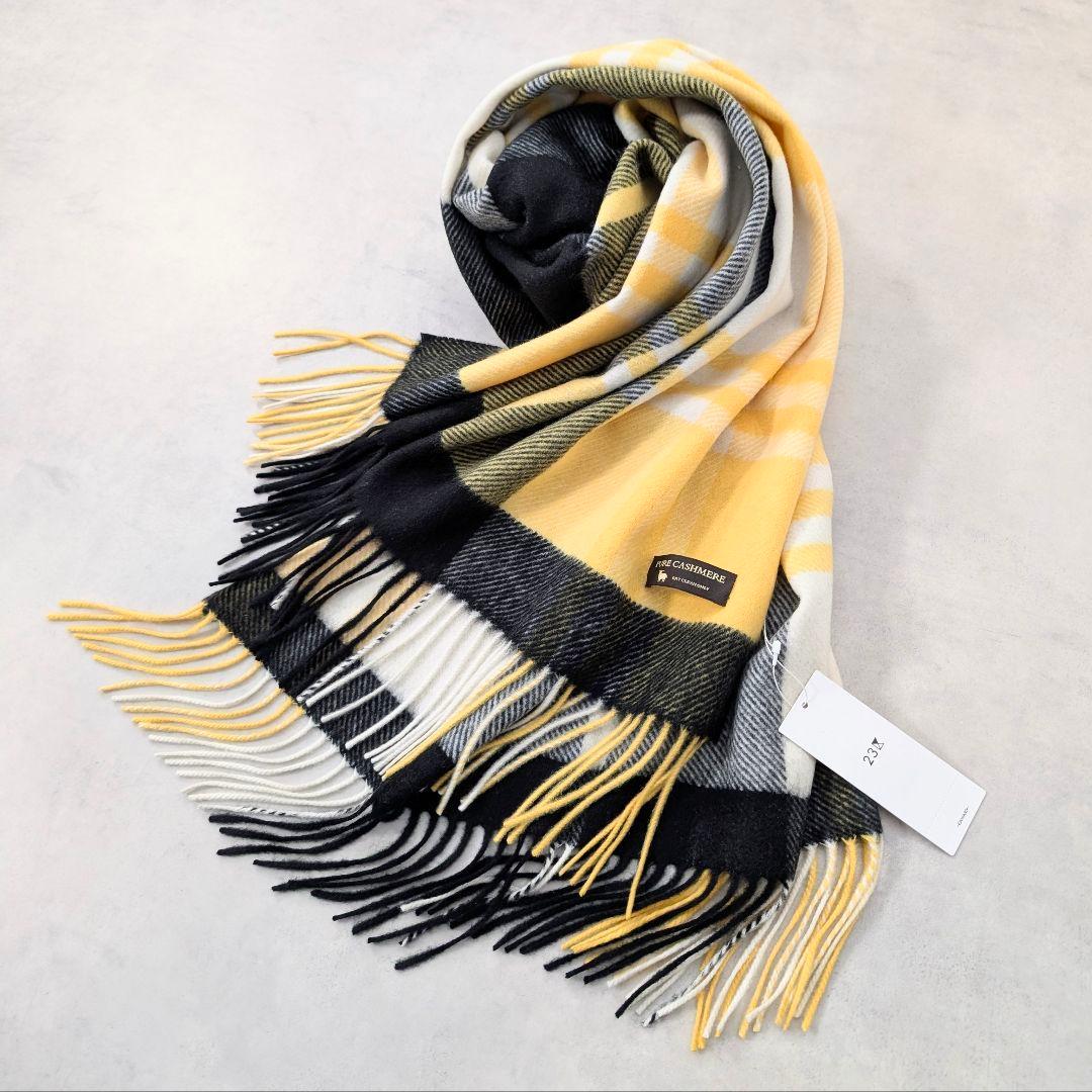 未使用タグ付★23区 大判 カシミヤ100%ストール チェック柄 イエロー 23区（ニジュウサンク） ストール マフラー カシミヤ チェック柄