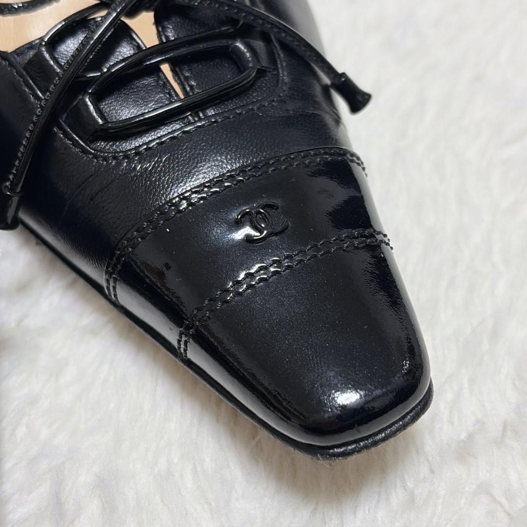 極美品 CHANEL ココマーク スクエアトゥブラックパンプス レザー 35