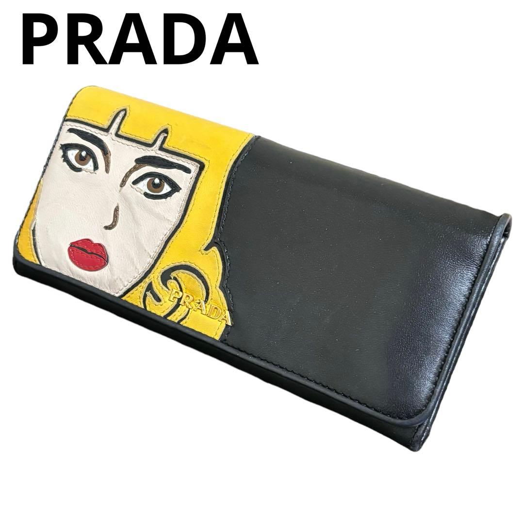 美品 希少 人気 プラダ 長財布 レザー ブラック アップリケ 顔 Wホック