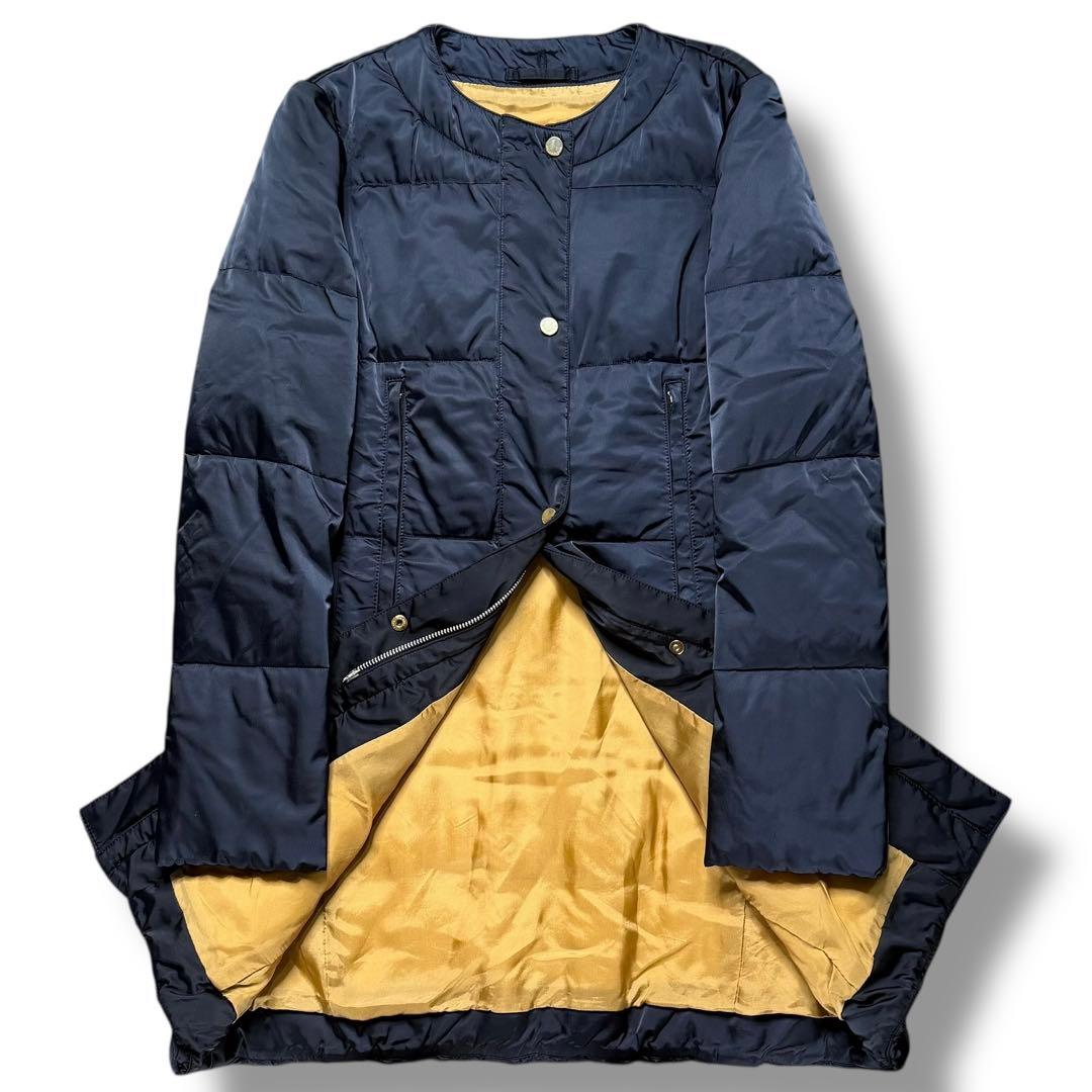 希少 アクアスキュータム ノーカラー ダウン アウター ネイビー Aライン L ノーカラー ライトダウン