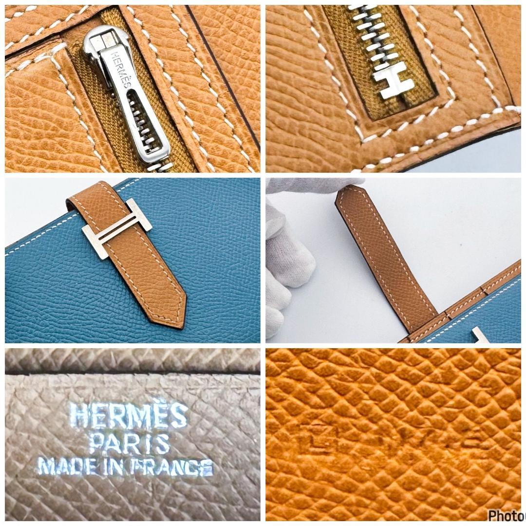 エルメス✨ベアン✨スフレ✨ブルージーン ゴールド✨二つ折り長財布203