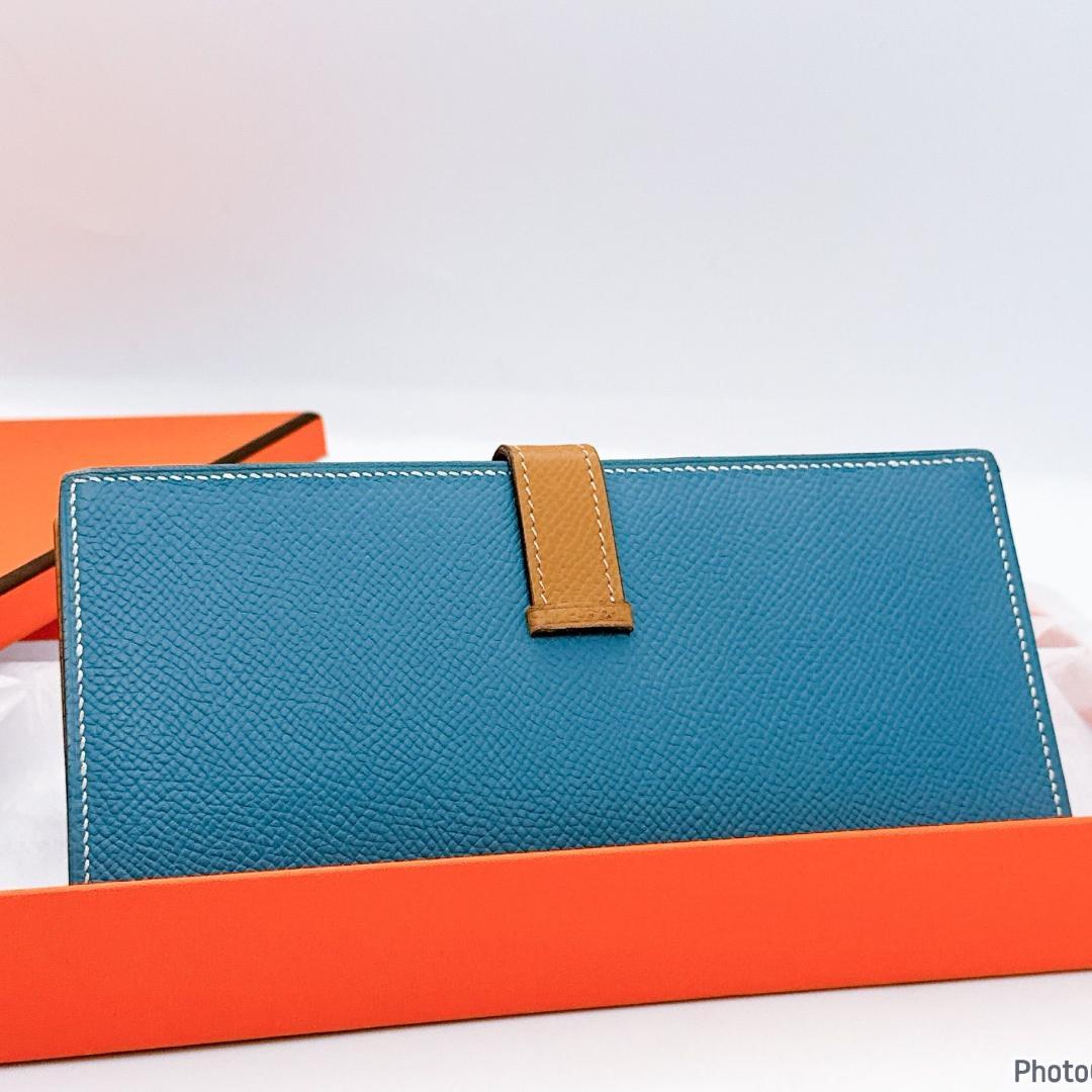 エルメス✨ベアン✨スフレ✨ブルージーン ゴールド✨二つ折り長財布203