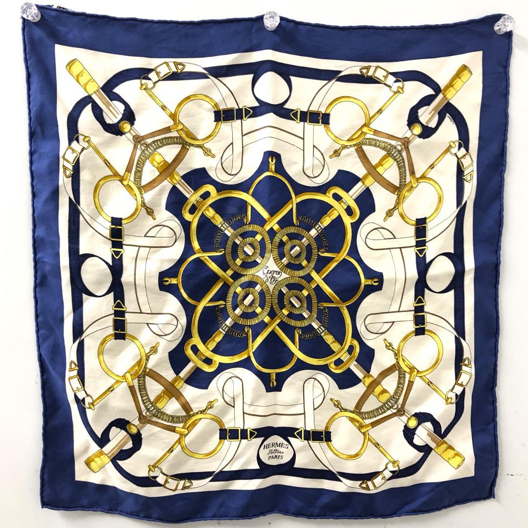 10C025/エルメス/スカーフ/カレ45/アンリドリニー/黄金の拍車/ブルー