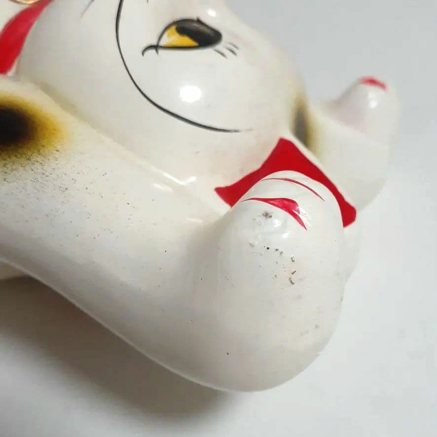 114【ジャンク・現状品】昭和レトロ 元祖招き猫 7号 瀬戸焼 両手上げ