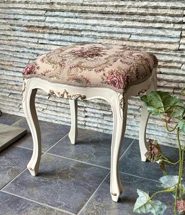 超美品　猫脚　スツール　ロココ　姫系　ファブリック　薔薇 椅子 猫脚スツール ロココ調 アンティーク 姫家具 白 スツール 可愛い