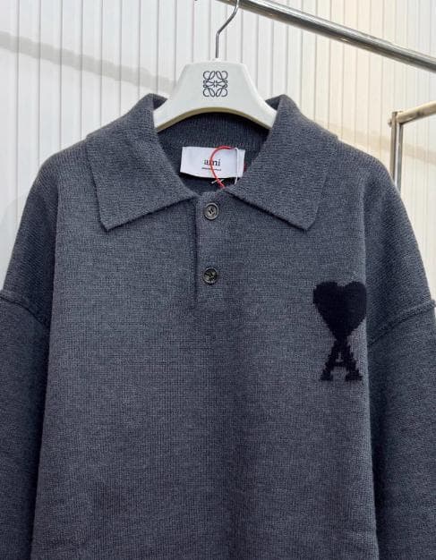 新品 AMI PARIS グレー ニットポロシャツ ハート刺繍 Mサイズ 秋冬
