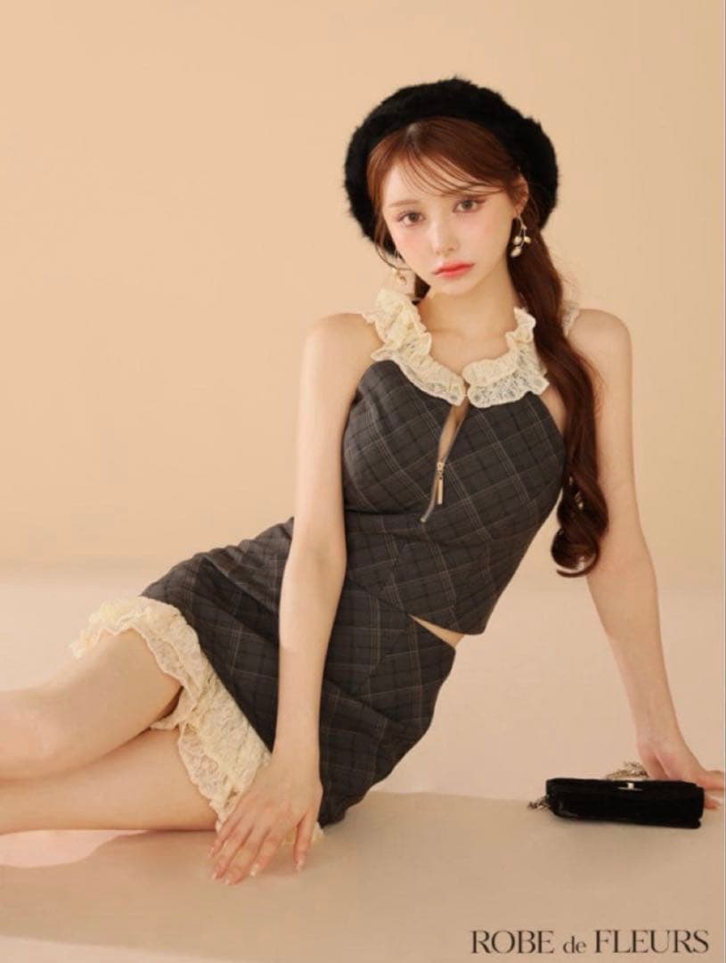 ROBE de FLEURSレースチェックセットアップミニキャバドレス - メルカリ