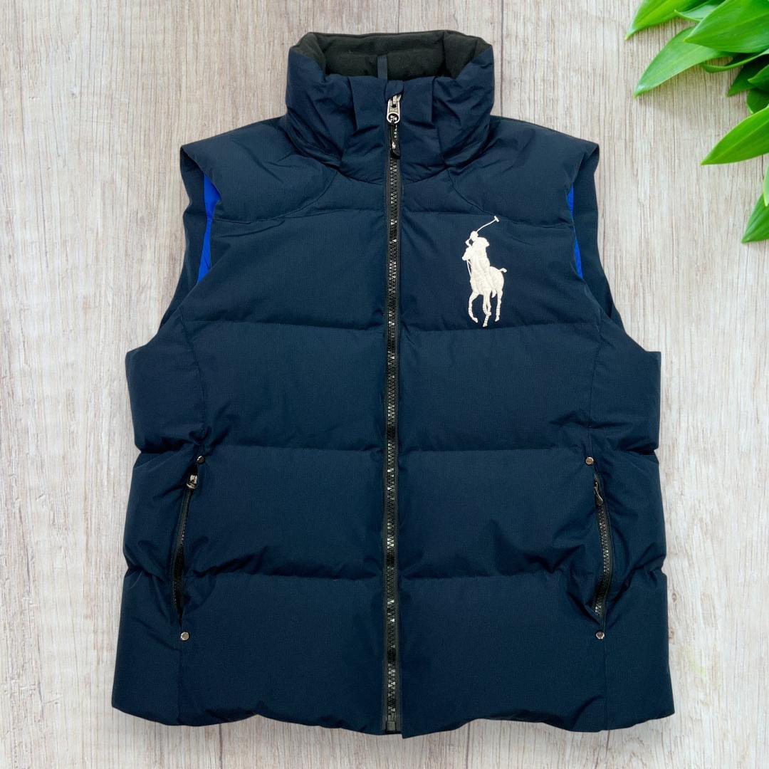 極美品 ポロラルフローレン ダウンベスト ネイビー 刺繍ビッグポニー L 50 美品 ポロラルフローレン 刺繍ロゴ ビッグポニー ダウンベスト