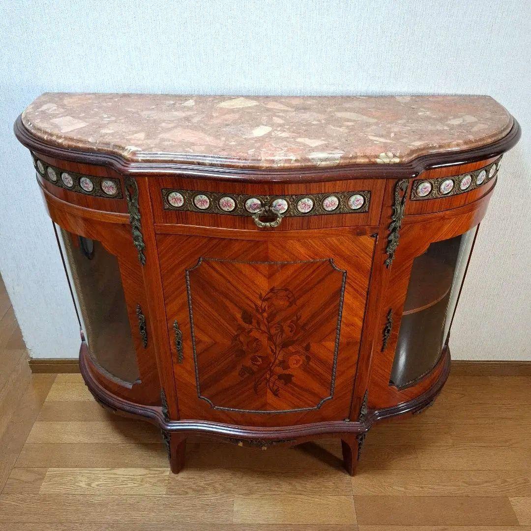 イタリア製 アンティーク調 サイドボード 大理石天板 鍵付き 象嵌細工