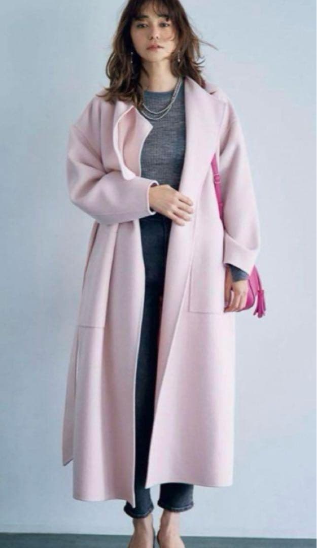 雑誌掲載品 アンクレイヴ ウールリバーロングコート ベルト ピンク S