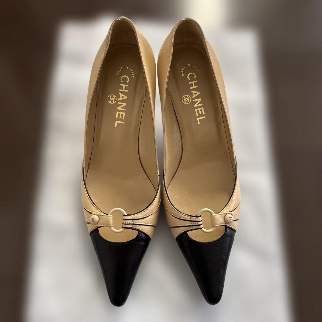 CHANEL ベージュ ブラック バイカラー ポインテッドトゥ パンプス37.5