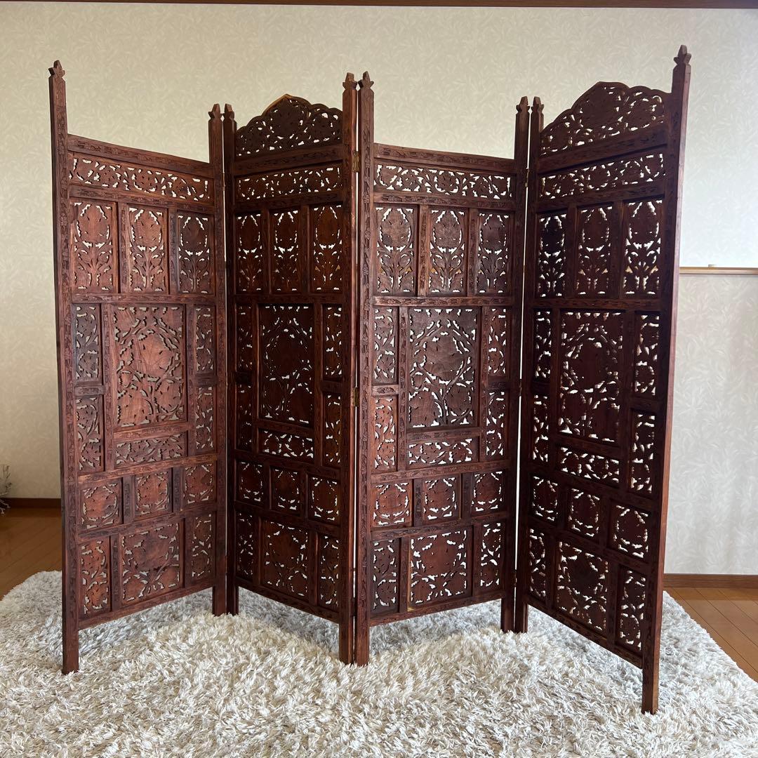 アジアン家具 彫り アンティーク パーテーション 木製 衝立 vintage 衝立 ケヤキ 和風 昭和中期 108cm幅 アンティーク