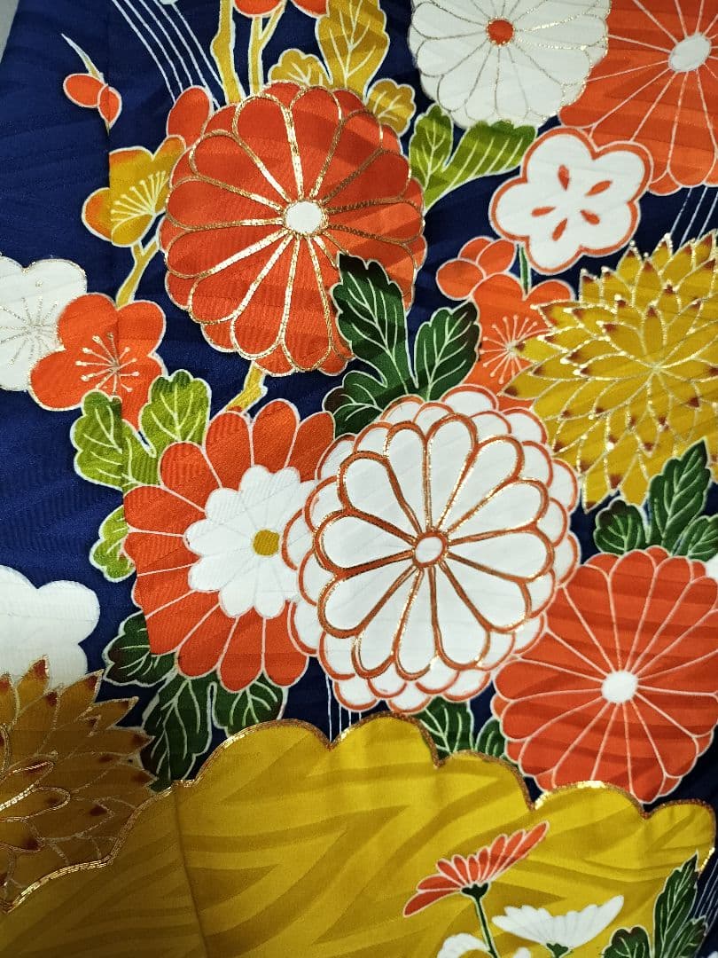 正絹 古典柄 振袖リメイクフレアドレス 紺 紺の振袖一覧 | kimono hearts |