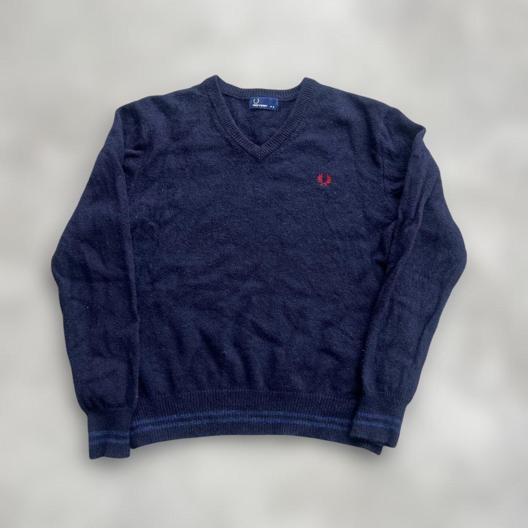 00s fred perryフレッドペリー ウールニット ネイビー Vネック - メルカリ
