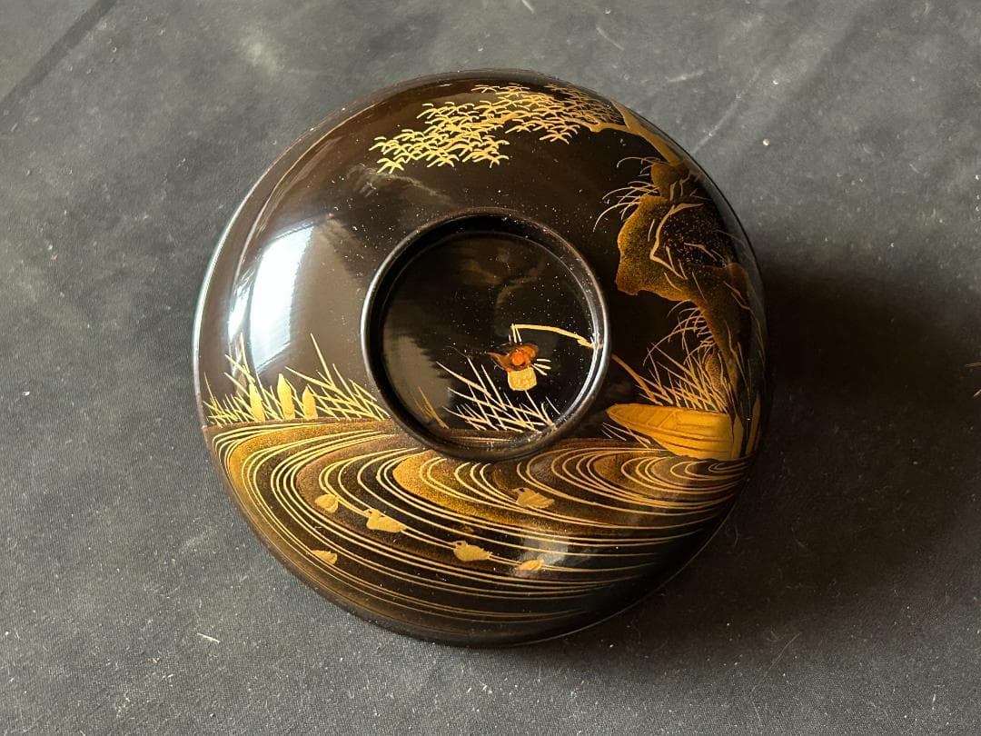 時代 輪島塗 本金蒔絵 絵替り 黒塗 天然木 吸物椀 9客 茶懐石道具980