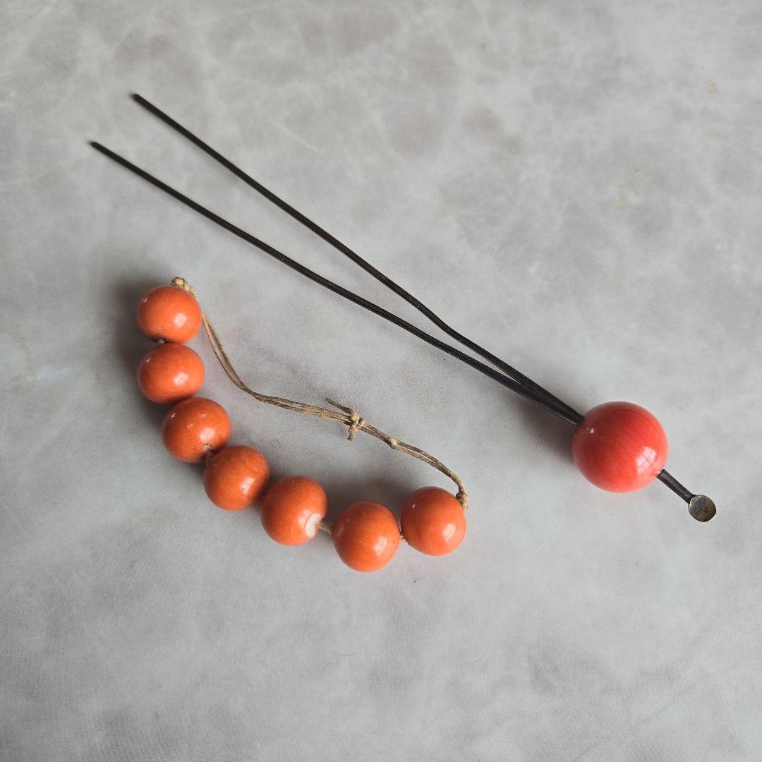 アンティーク 玉かんざし 根掛け ガラス ① 簪 珊瑚風 玉 トンボ玉