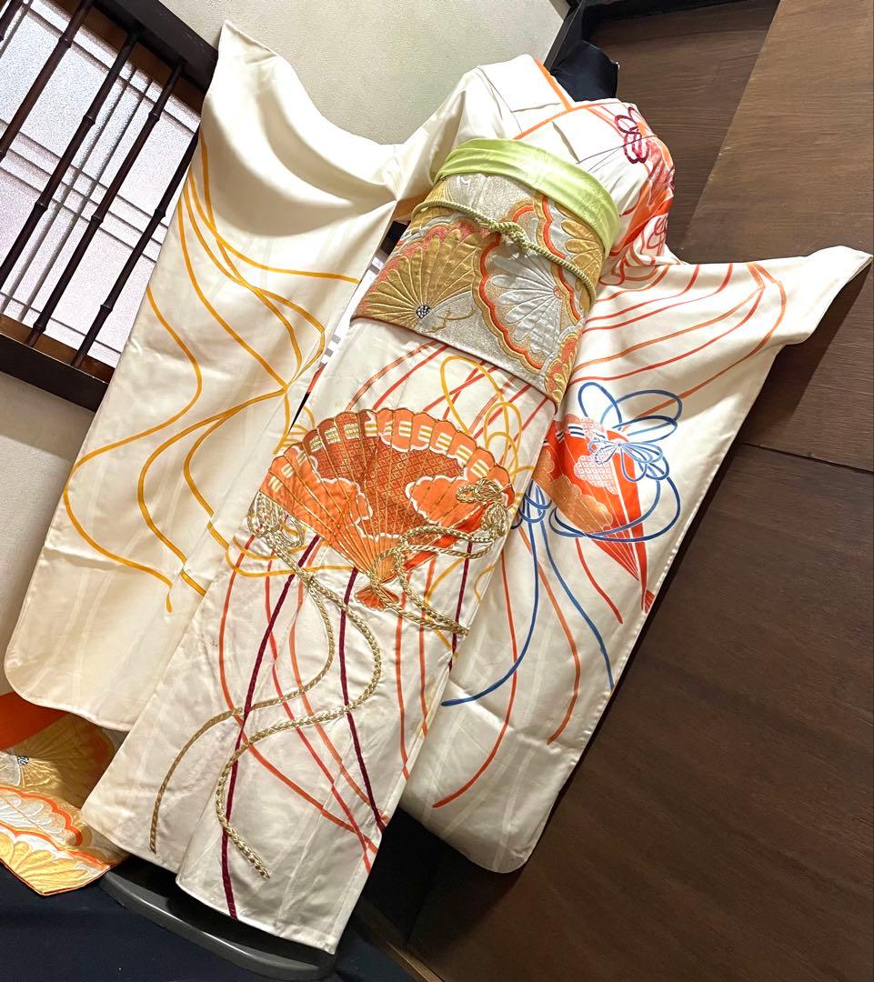 振袖フルセット6点サイズM〜L駒刺繍 束ね熨斗檜扇花