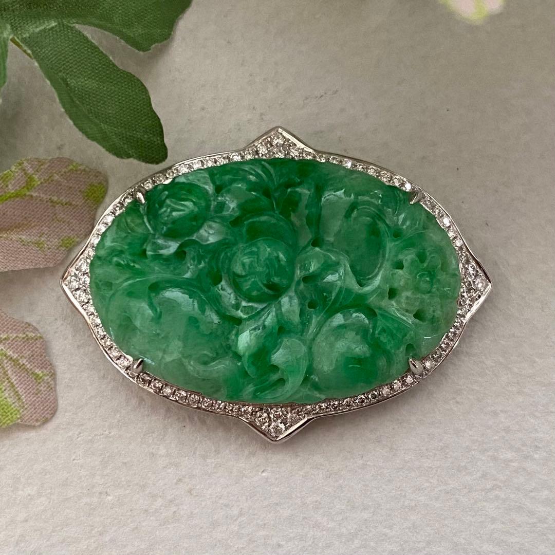 特注品　pt950翡翠ダイヤブローチ　アンティーク帯留からのリメイク　美しい 翡翠 ダイヤ 帯留め レディース Pt900プラチナ ブローチ 中古 – 銀蔵