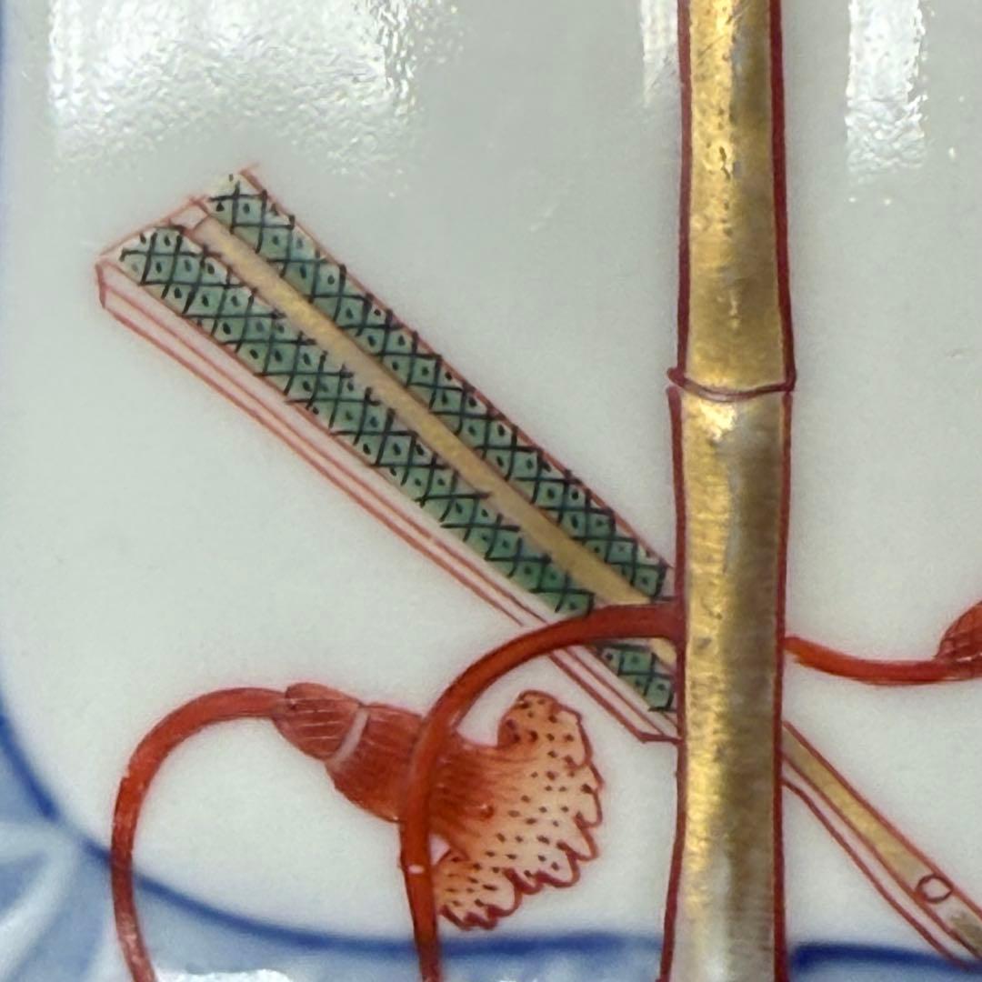 明治時代　有田焼　岩松平吾　色絵軍配形皿　五枚　角岩印　陽刻　珍品　残り僅か