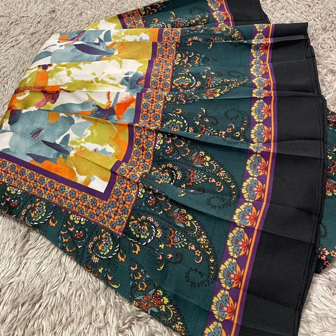 AMERI ロングスカート スカーフ柄 緑 プリーツスカート アメリ