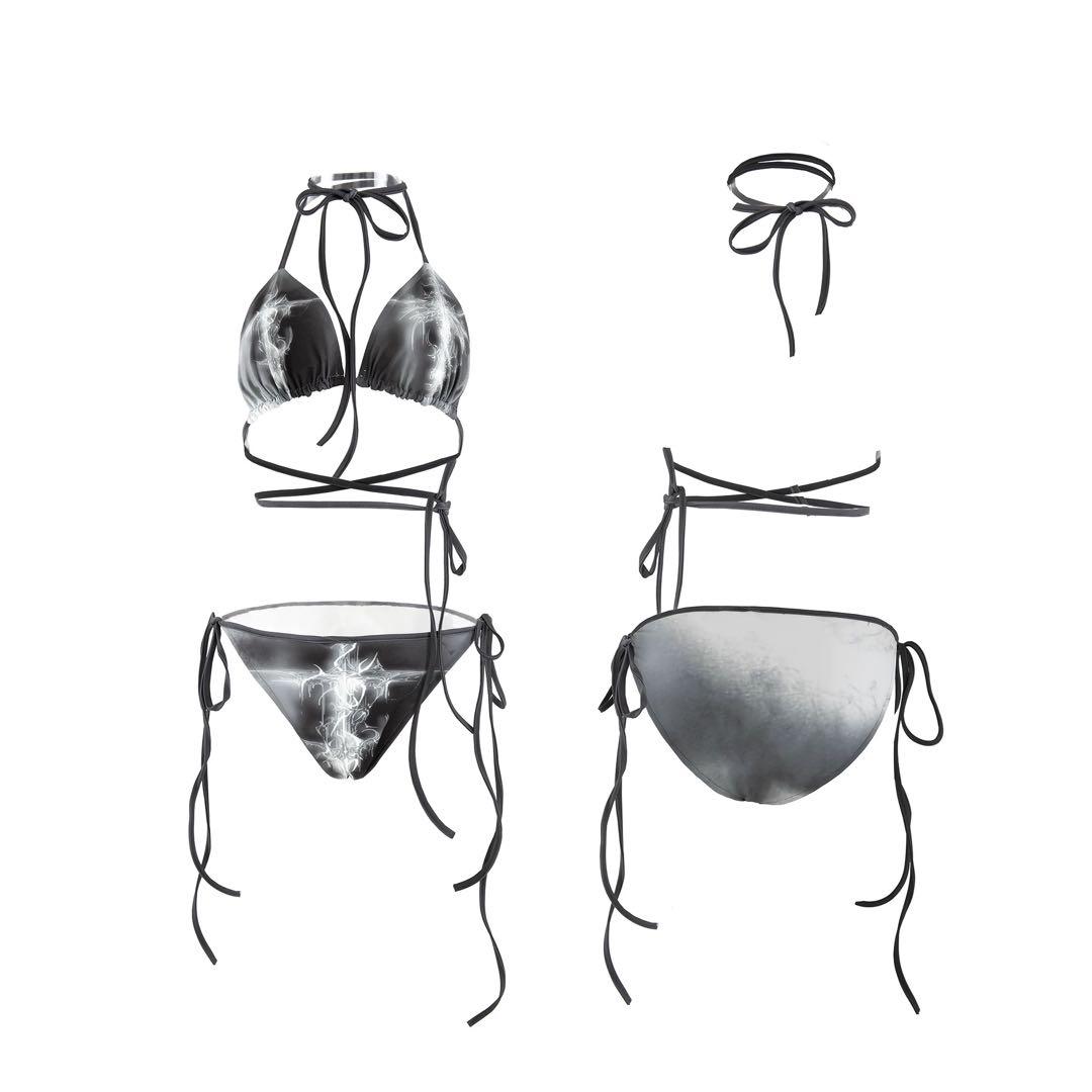 NO ROMANCE Y2Kギャルストラップビキニ水着セットブラック十字架