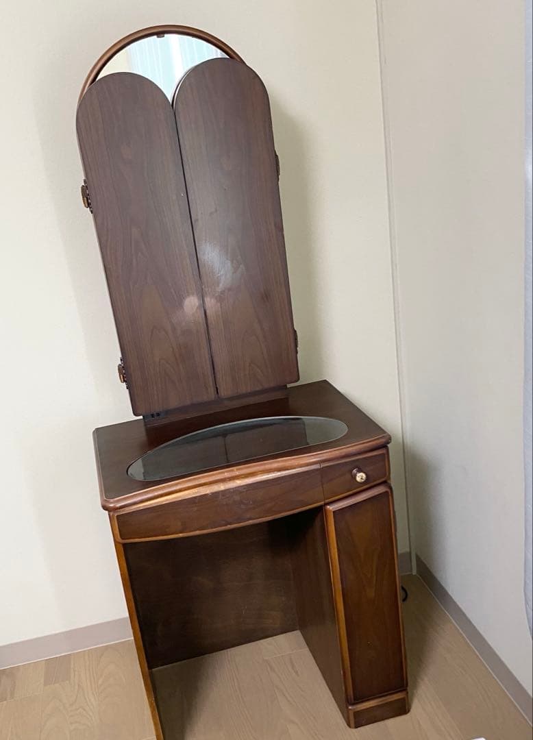 三面鏡 天然木 ドレッサー オーク レトロ 板ガラス コンセント付き