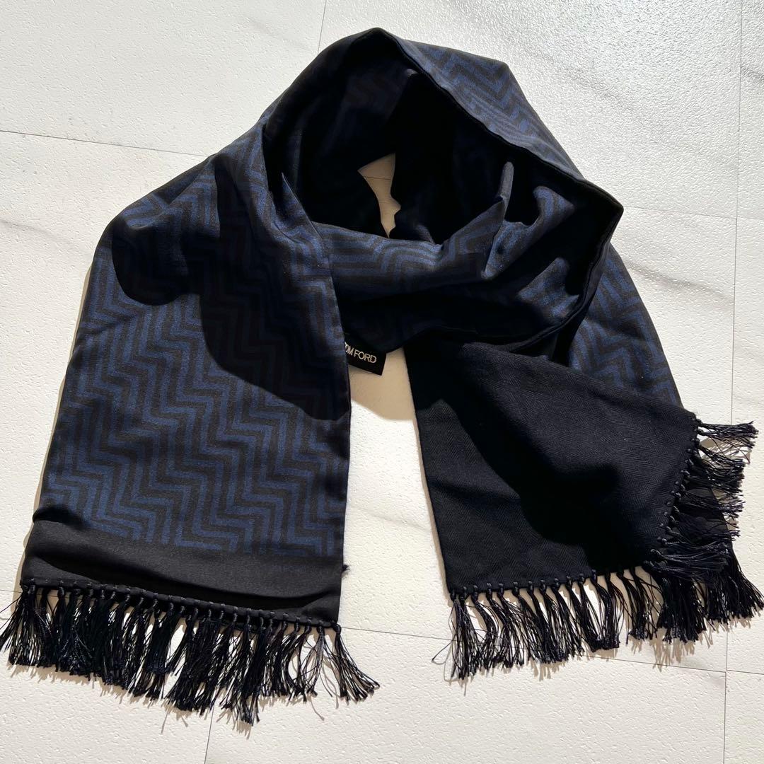 極美品✨ TOM FORD ブラック ネイビー マフラー トムフォード シルク