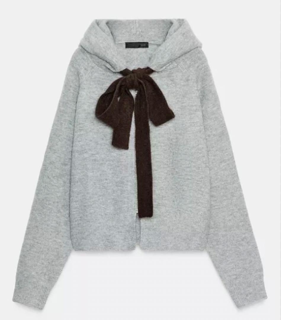 ZARA コントラストドローストリングフーディ S ミディアムグレー