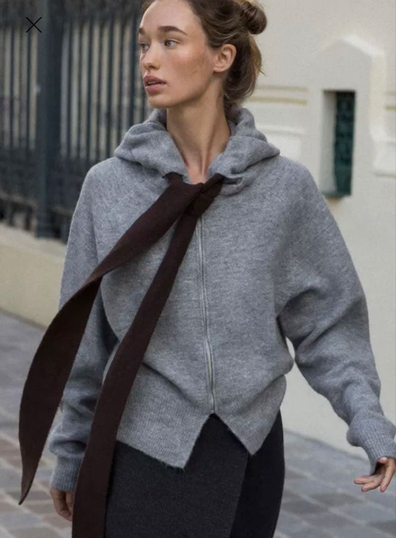 ZARA コントラストドローストリングフーディ S ミディアムグレー