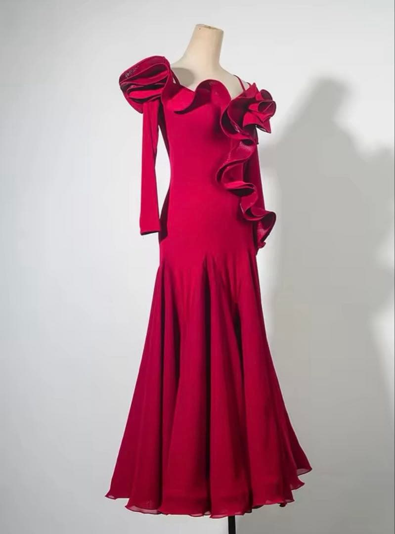 社交ダンスドレス　フリル付きワインカラードレス　美品 楽天市場】レディース 社交ダンス衣装 刺繍 アップリケ サテンドレス