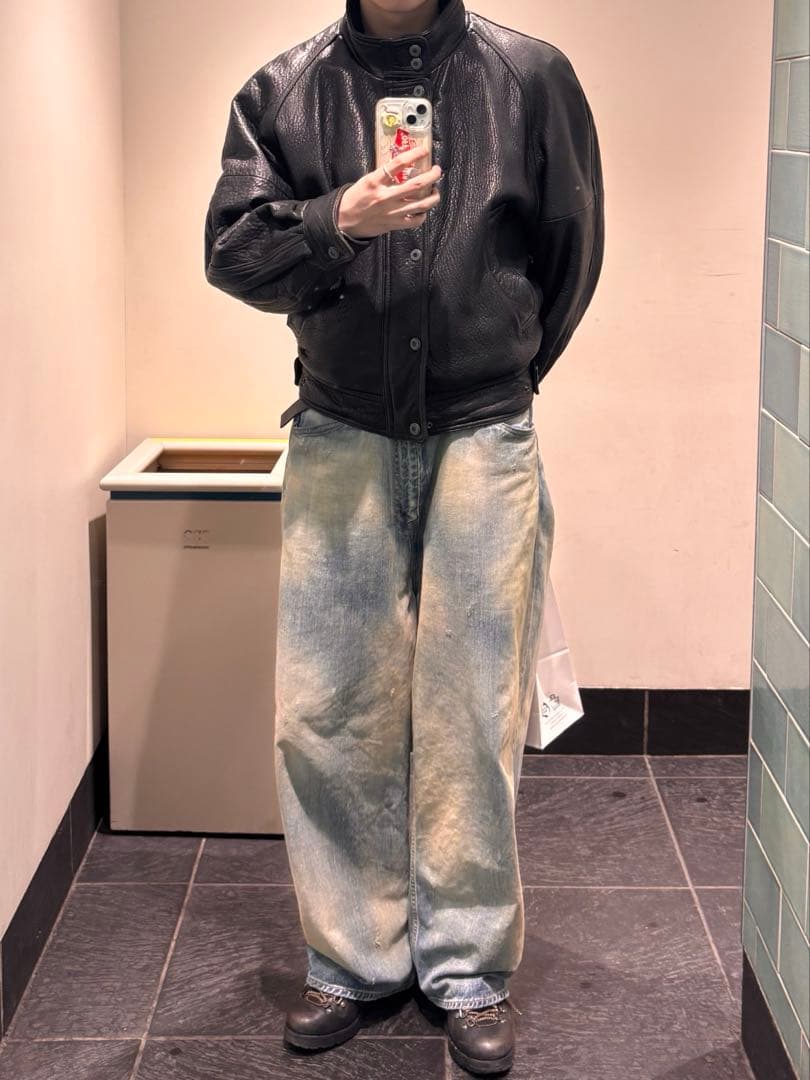 90s ixi:z レザージャケット ブルゾン シワ加工 短丈 羊革 中綿 L