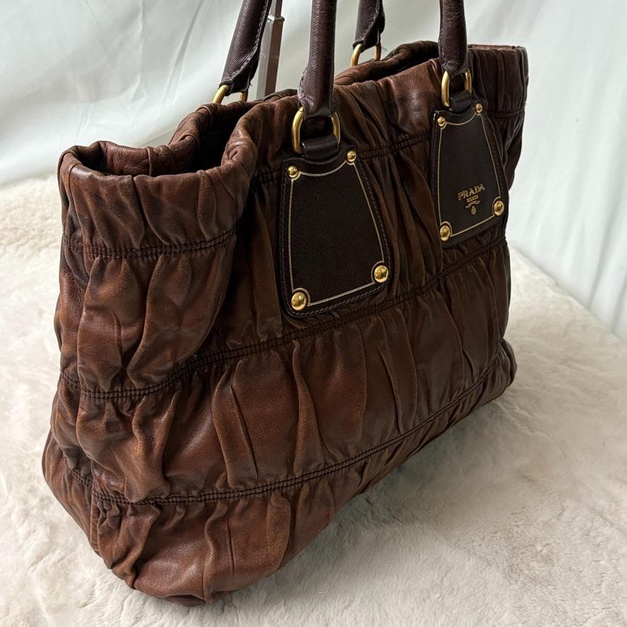 真贋済 PRADA プラダ ハンドバッグ 羊革 ゴーフル ブラウン