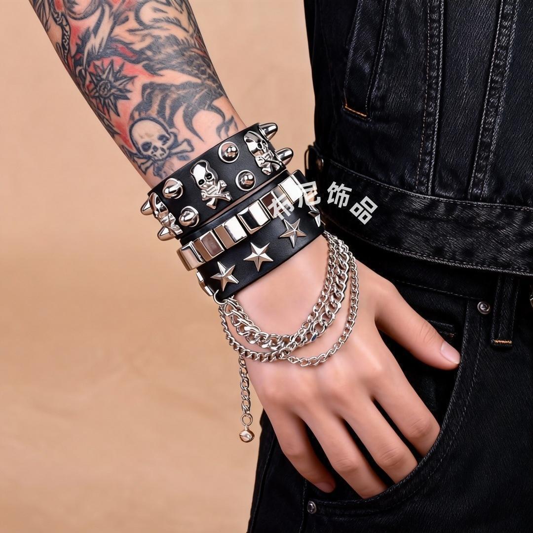 2点セット】スタッズ レザーブレスレット スカル スター チェーン