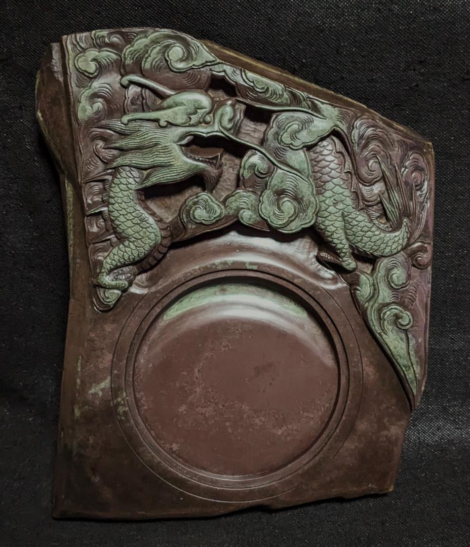 雲龍文特大古硯 橋頭石】◇美しい翠雲石◇同石蓋付型◇貴重な北方名石