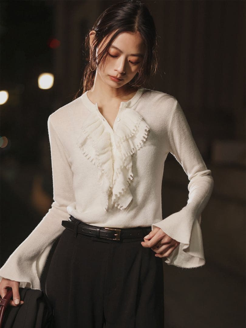 anuans カスケードフリルニットトップス　ivory カスケードフリルニットトップス