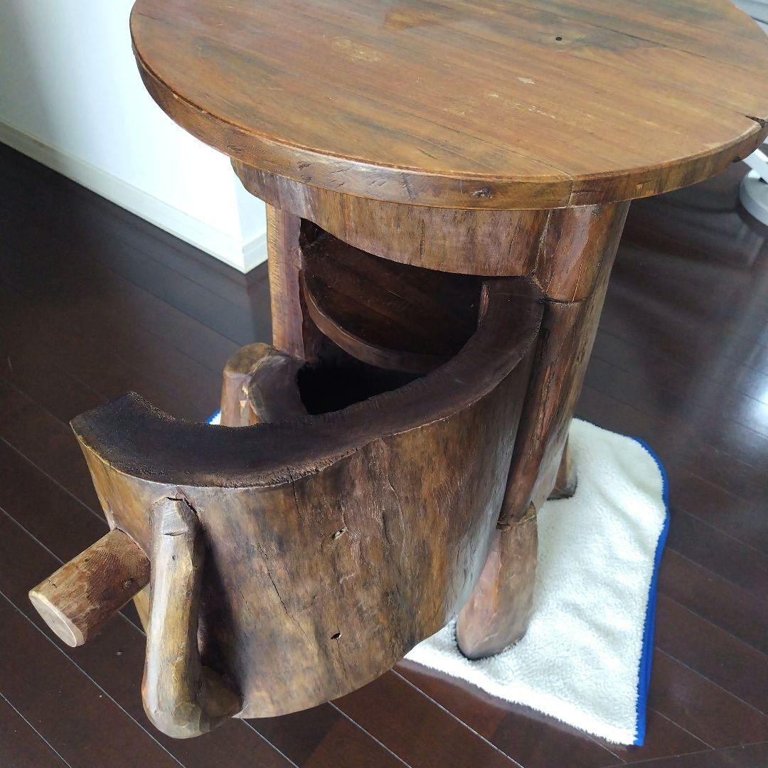 昭和レトロ当時物 原木 丸太テーブル 引き戸 収納付き｜