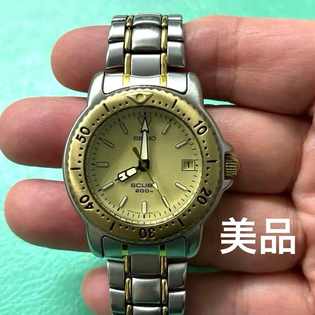 90sセイコー スキューバ 200m シルバー/ゴールド美品　電池交換済み セイコー 腕時計 スキューバ 200m 新品電池交換済 スクリューバック