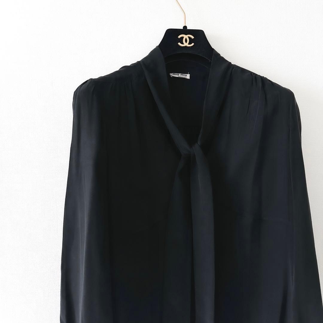 MIUMIU ミュウミュウシルク素材リボンブラウス黒44大きいサイズ