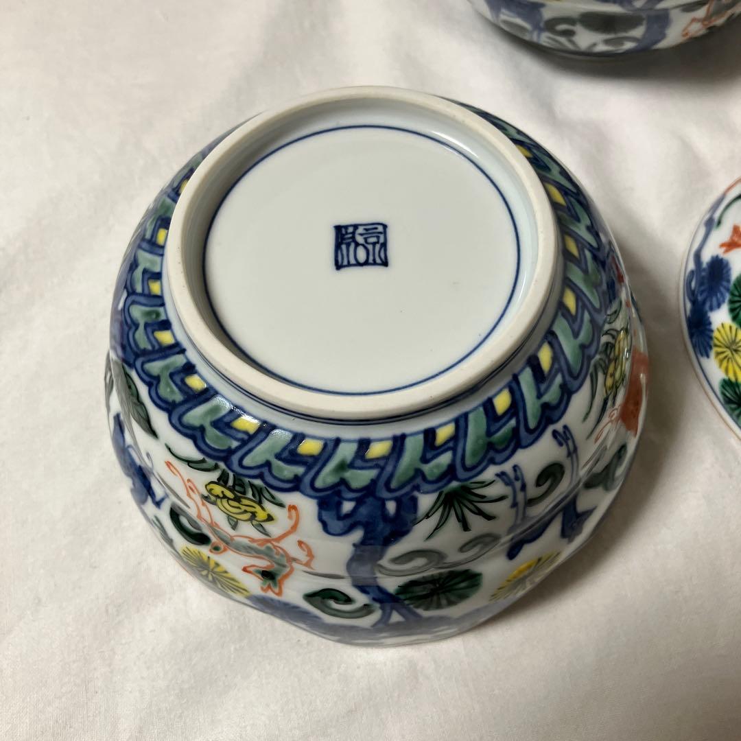 平安京泉 向付 5客 色絵 松鹿文 蓋向付