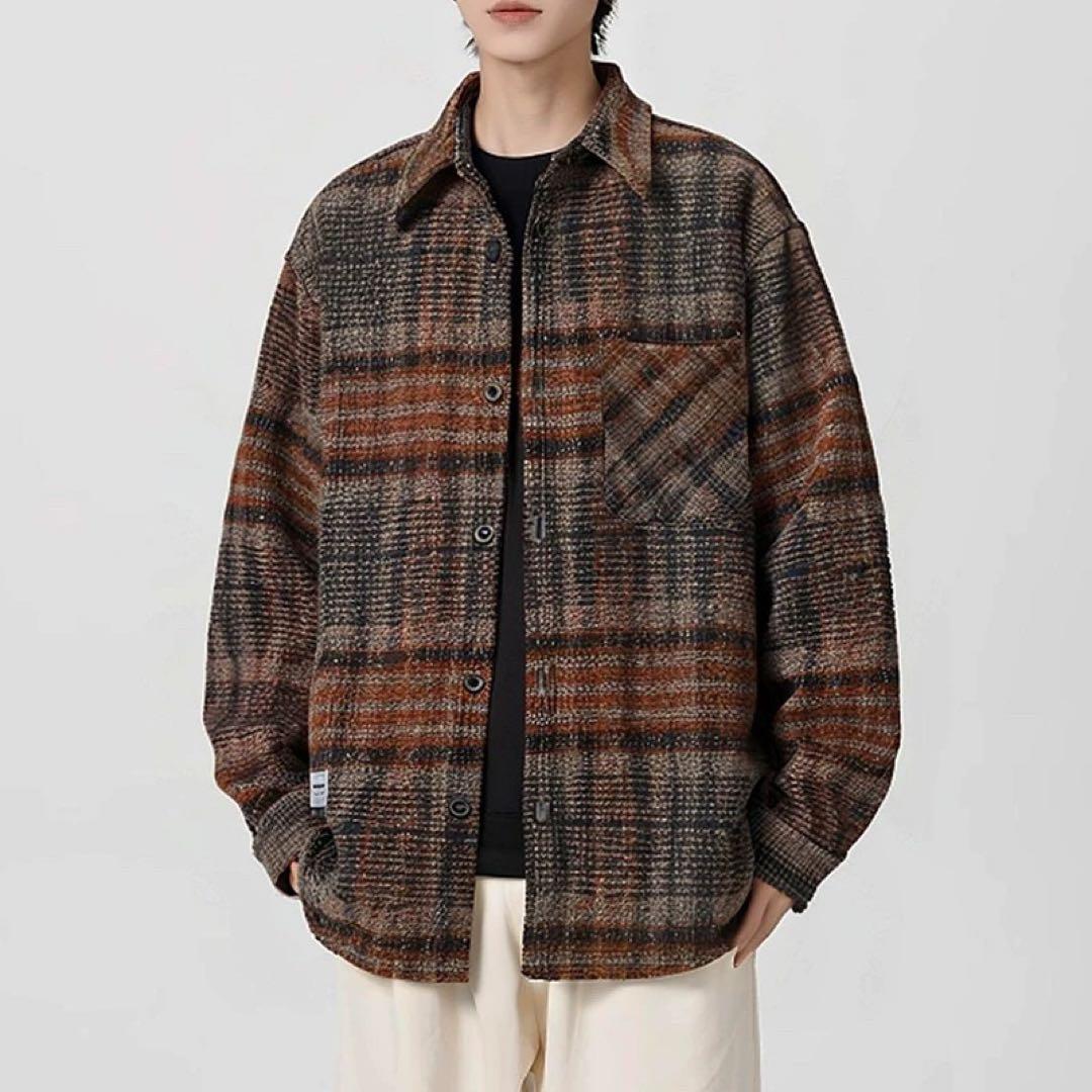 起毛感ツイードシャツ 2種類チェック柄選べる ユニセックス メンズ春秋