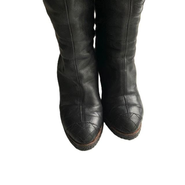 CHANEL 39(24.5cm) 黒レザー ロングブーツ CC ウェッジソール