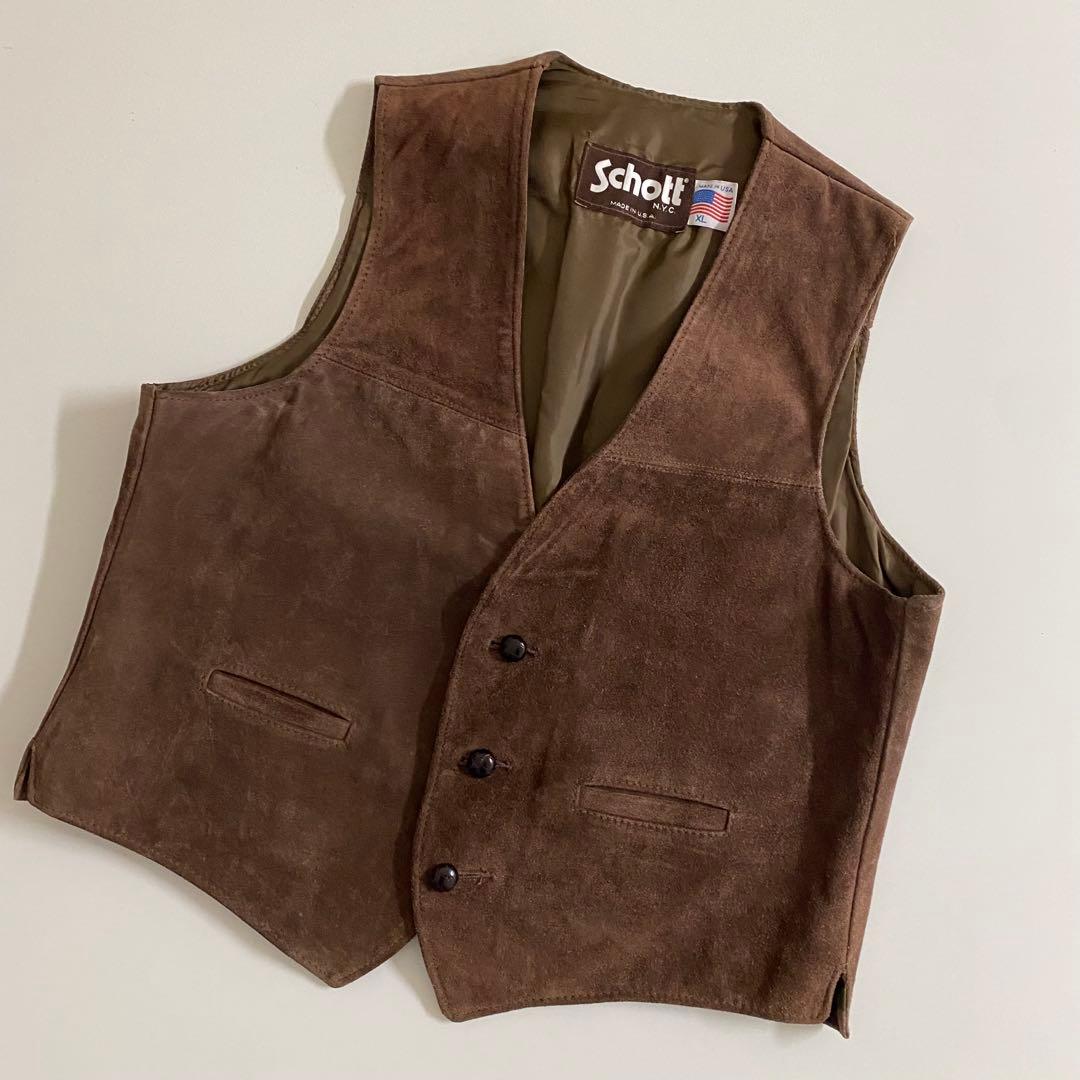 Schott スエード ベスト レザー ジレ バイカー ブラウン アメリカ製