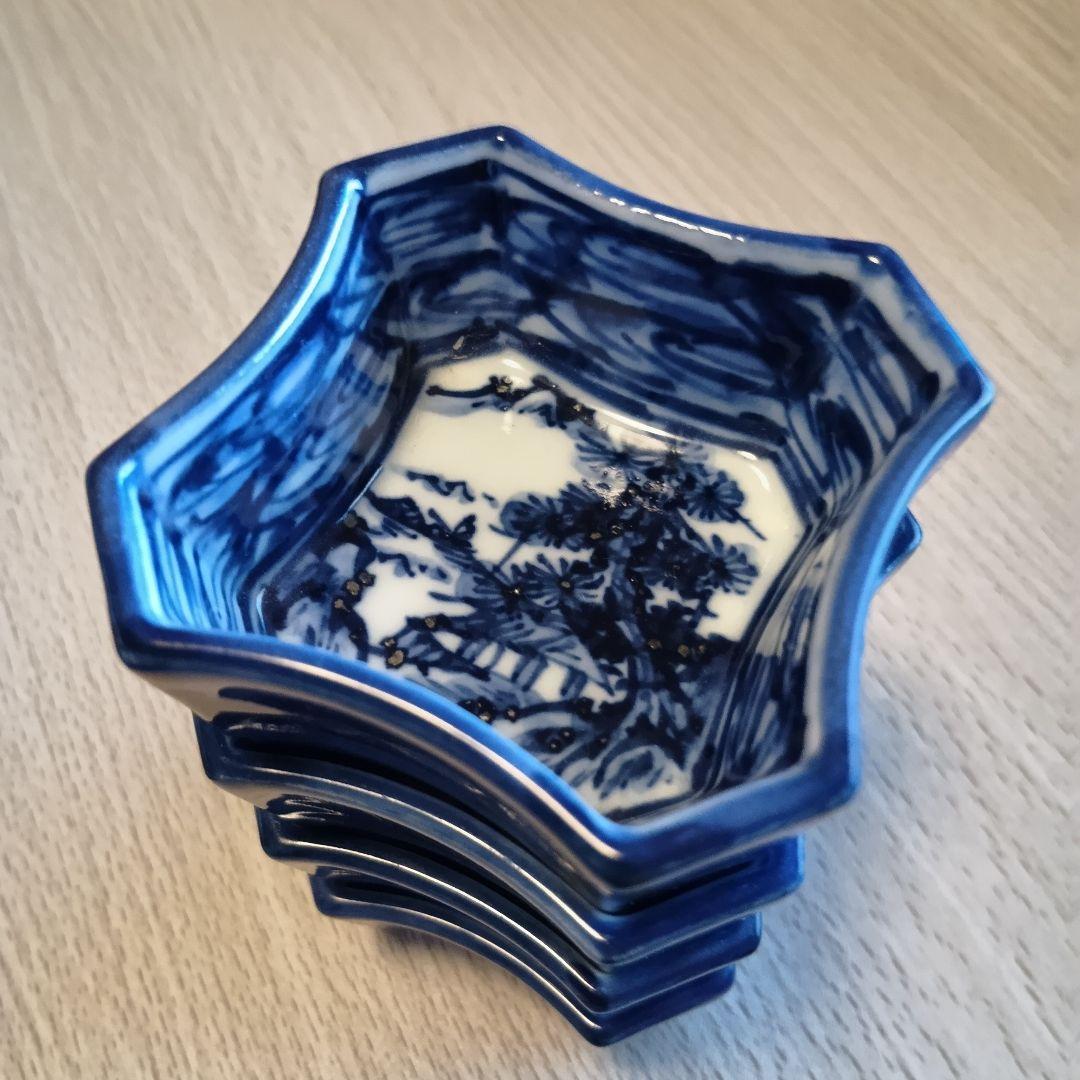 清水焼・京焼☆京泉☆青と白の八角形の小鉢・醤油皿☆染付☆山水画